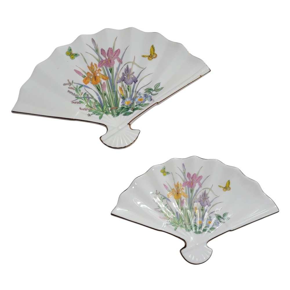 Japanese Porcelain Fan Trinket Dish 2pc White Floral Butterfly Gold Trim Decor